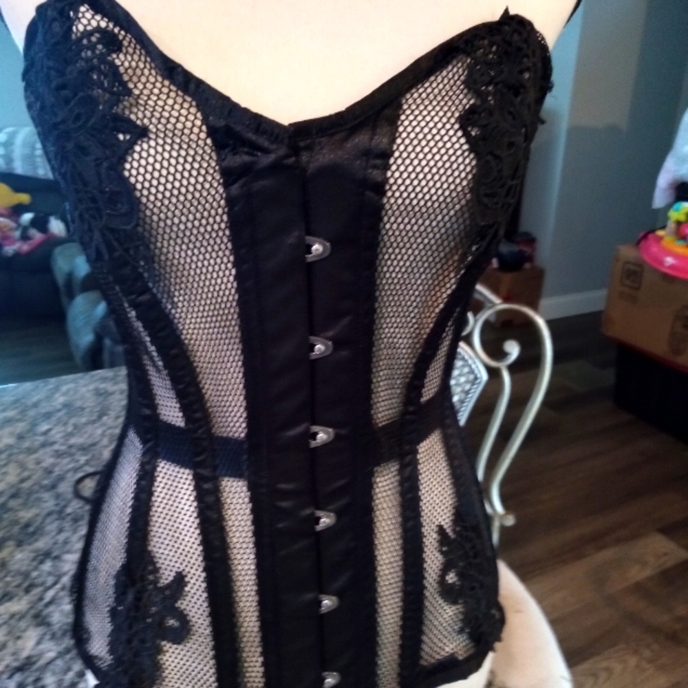CORSET STORY Elegant Black Mesh and Lace Overbust Corset